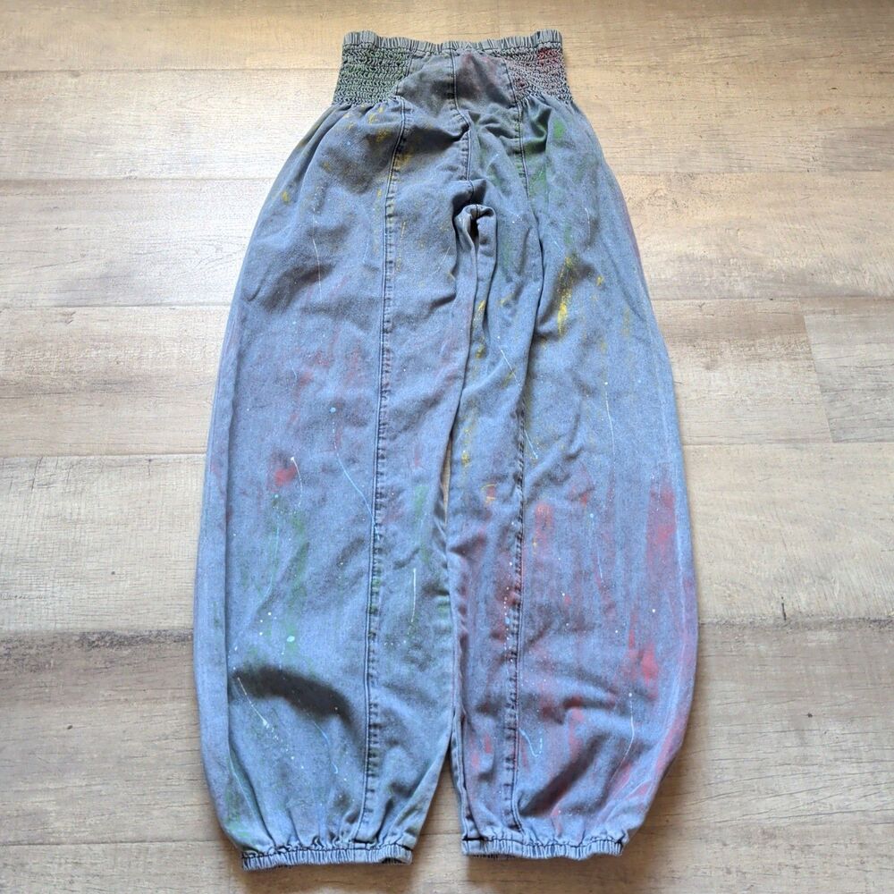 POL Clothing Women's Paint Splatter Denim Pants Sz M Smocked Elastic Waist Boho